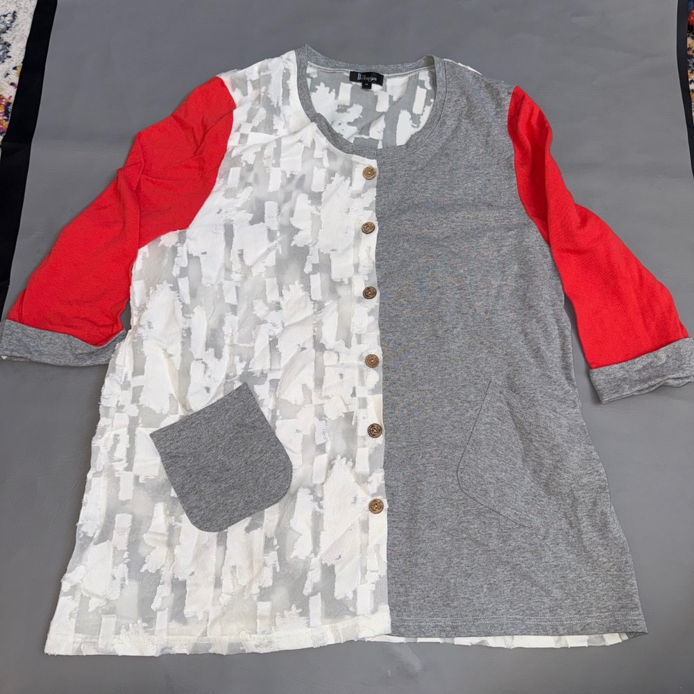 B Design Mixed Media Colorblock Tunic Top Grey Red Burnout Anchor Buttons XL